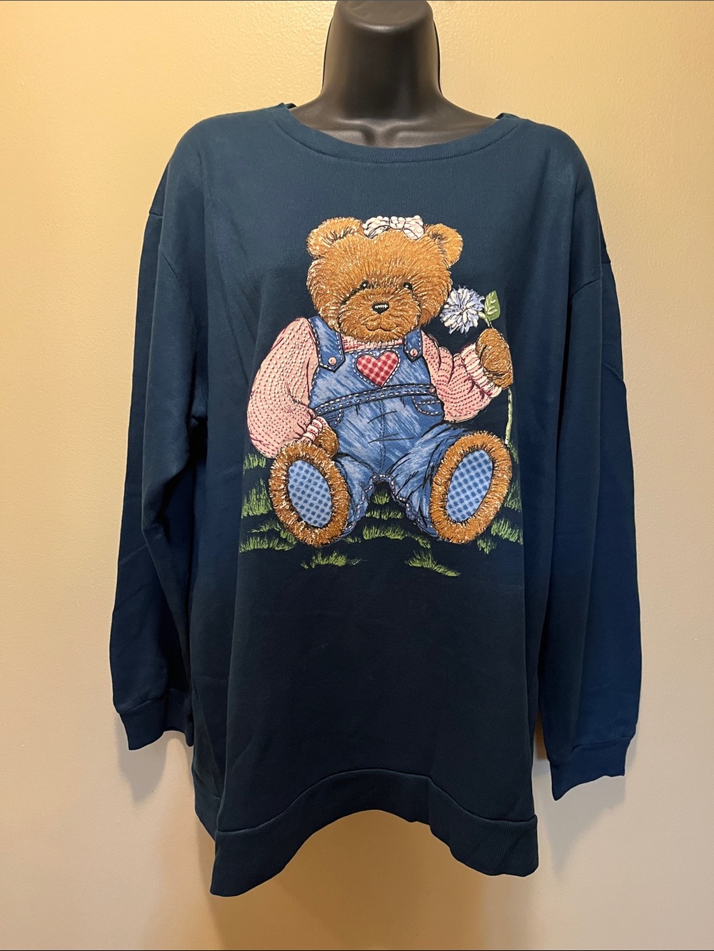 Vtg Blue Jean Teddy Bear Long Sleeve Shirt Basic Editions Plus Cottage Grandma
